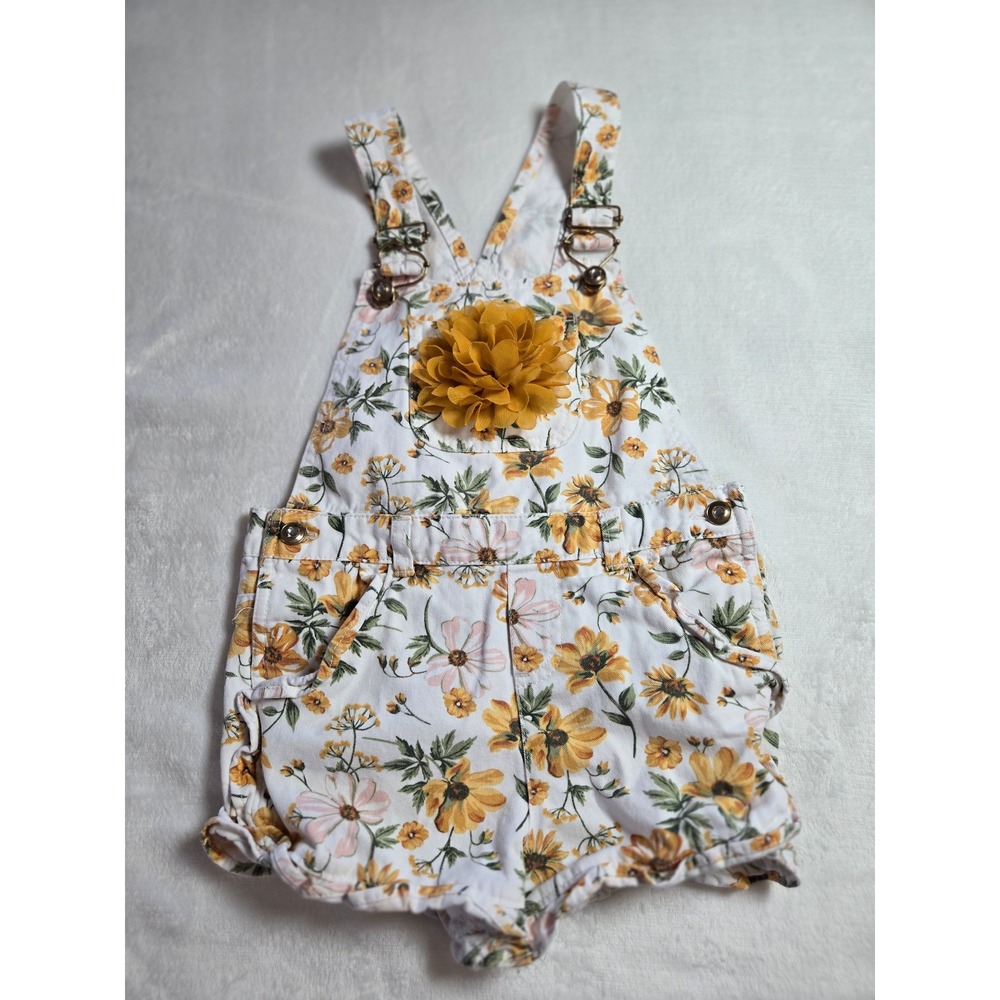 Girls Yellow Floral Denim Shortalls 3D Flower Ruffle Hem White Size 6 Sunflower
